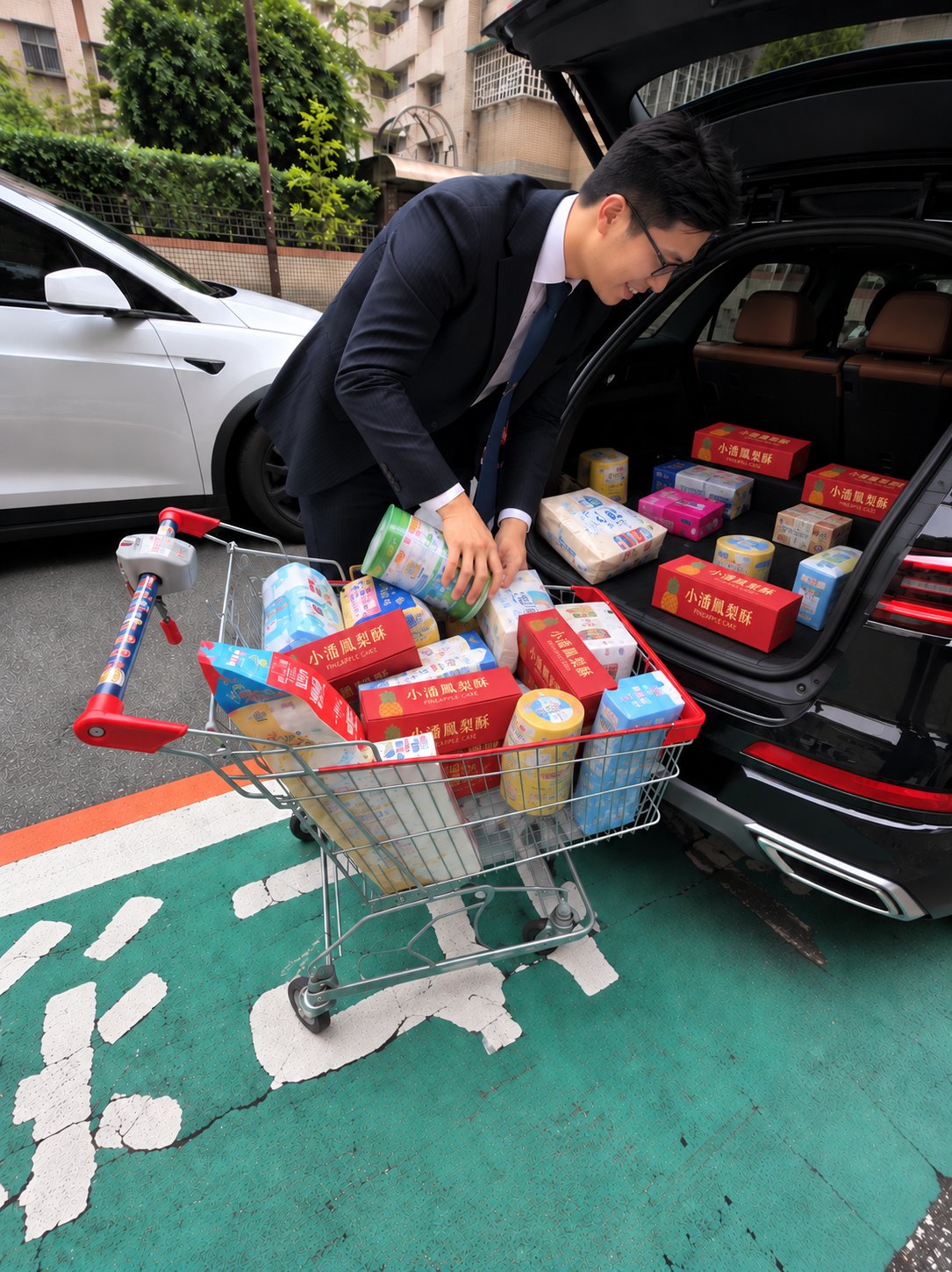 顧導推著裝滿物資的購物車，準備送到義光育幼院