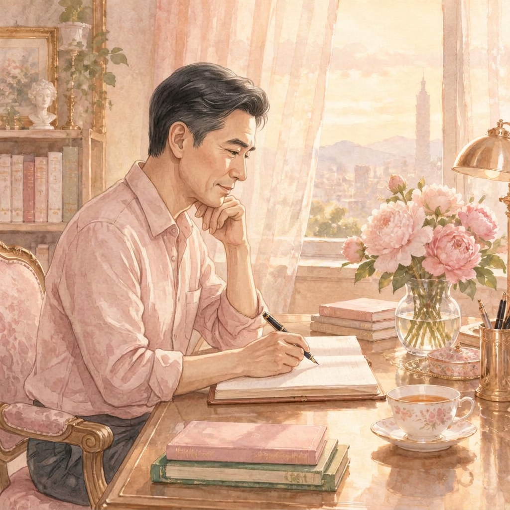 顧導執筆書寫專欄的柔彩插畫