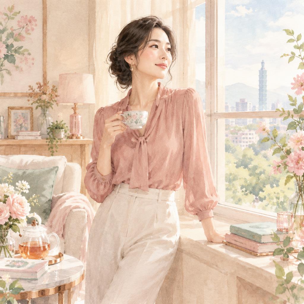 窗邊自在品茶的優雅女性插畫