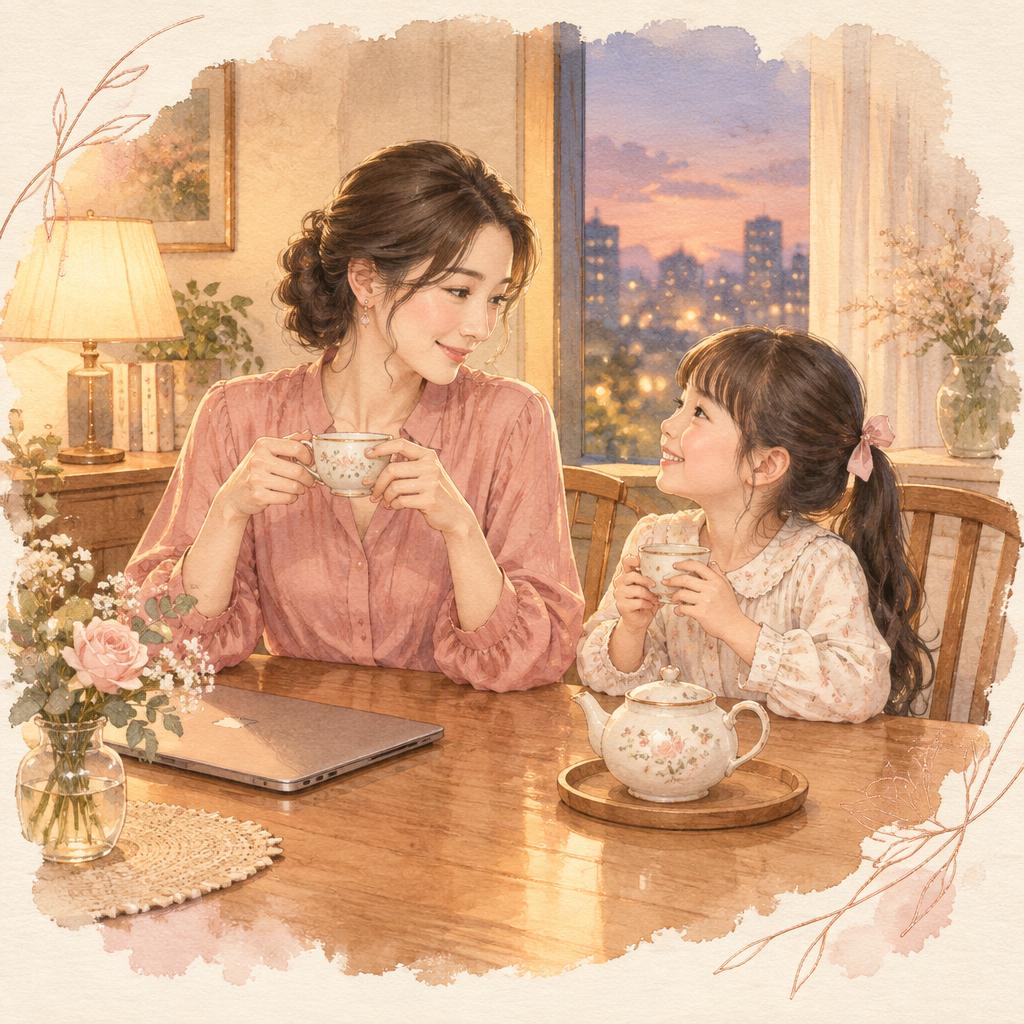 職業女性傍晚下班後，與女兒在餐桌前共享熱茶的柔彩插畫