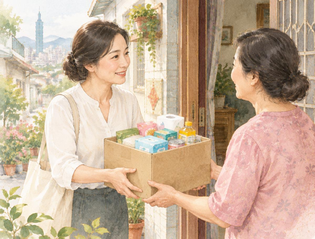 台灣女性志工將日常物資交到他人手中的柔彩情境插畫