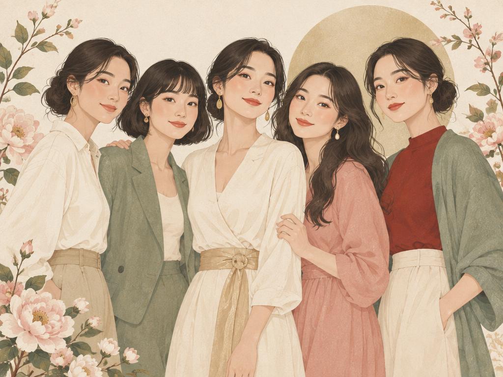 女性夥伴溫暖相聚的插畫意象
