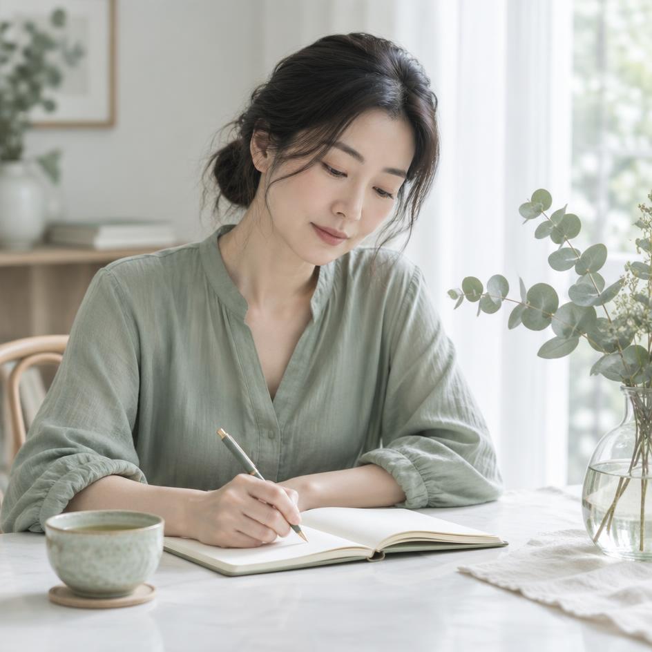 在綠意旁靜心書寫的女性